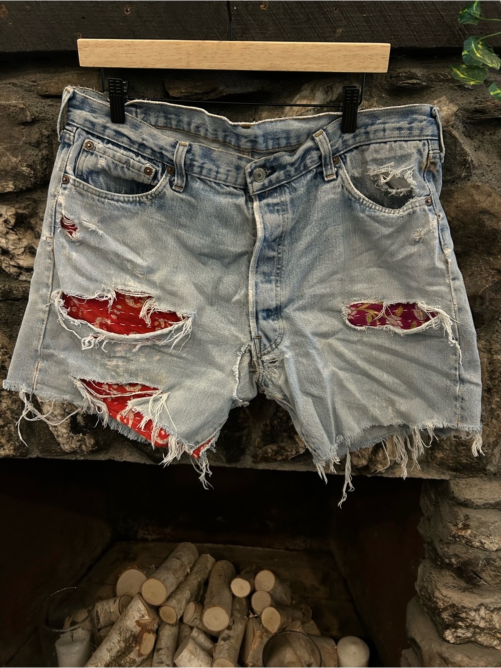 CUSTOM MADE Levi cutoffs & Kantha patched… super distressed OOAK!